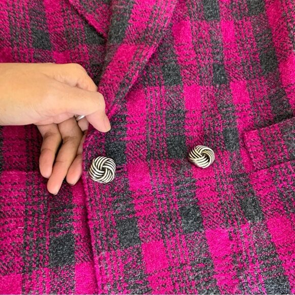 Vintage Pink Plaid Wool Blend Double Breasted Blazer Preppy Jacket No Size Tag - Picture 6 of 14
